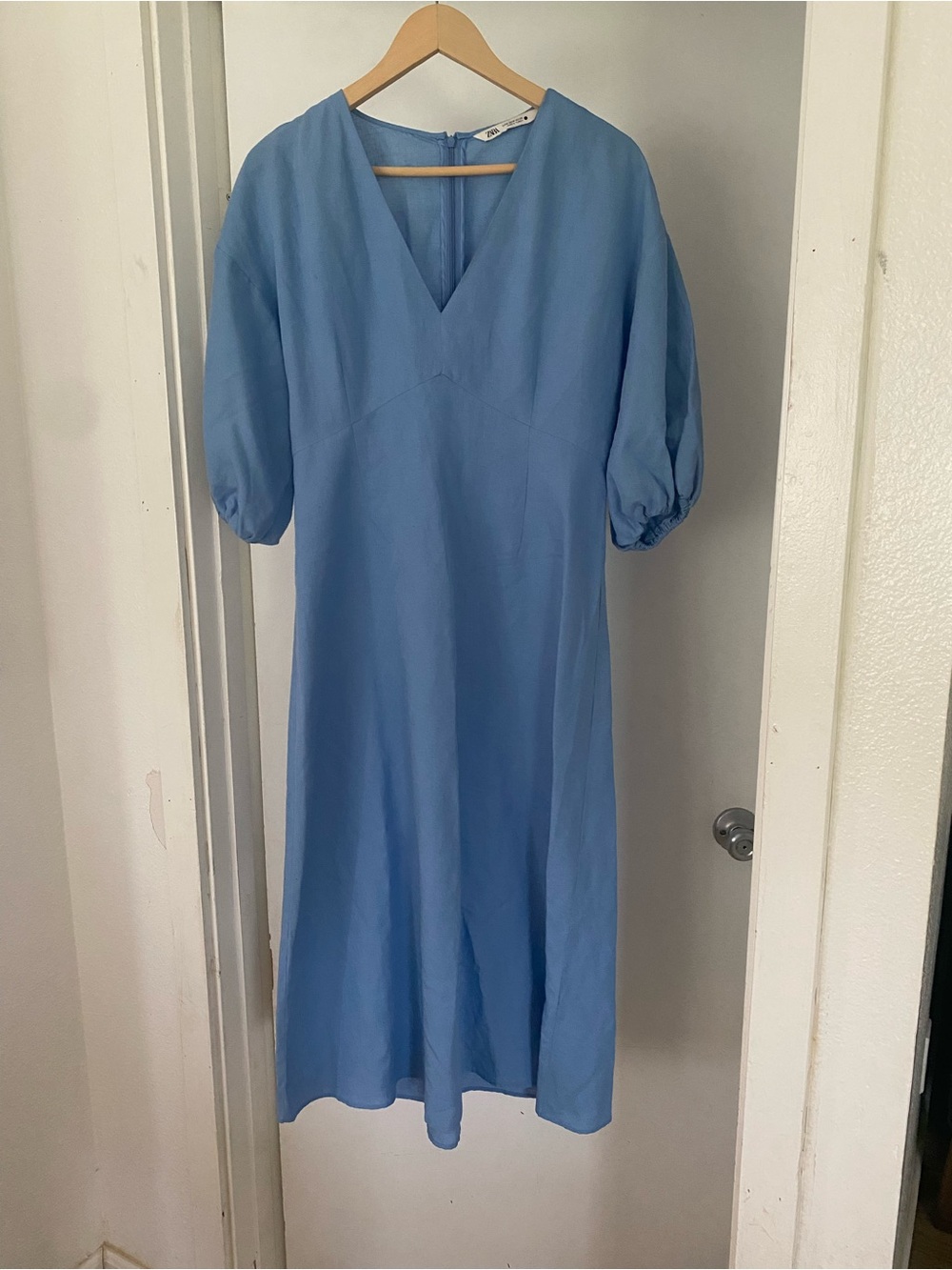 Zara Sky Blue V-Neck Midi Dress with Puff Sleeves